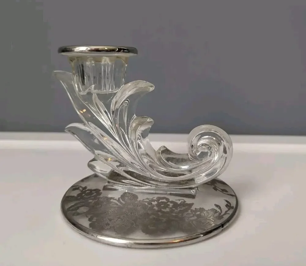 Vintage Fostoria Baroque Taper Candlestick Holder Floral Etched Base 1940's